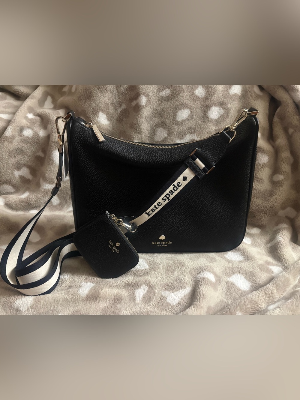 kate spade Black Pebbled Leather cross body Bag with Logo Strap and Coin Pouch